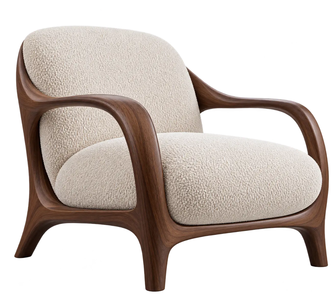 A curved walnut and ivory bouclé lounge chair