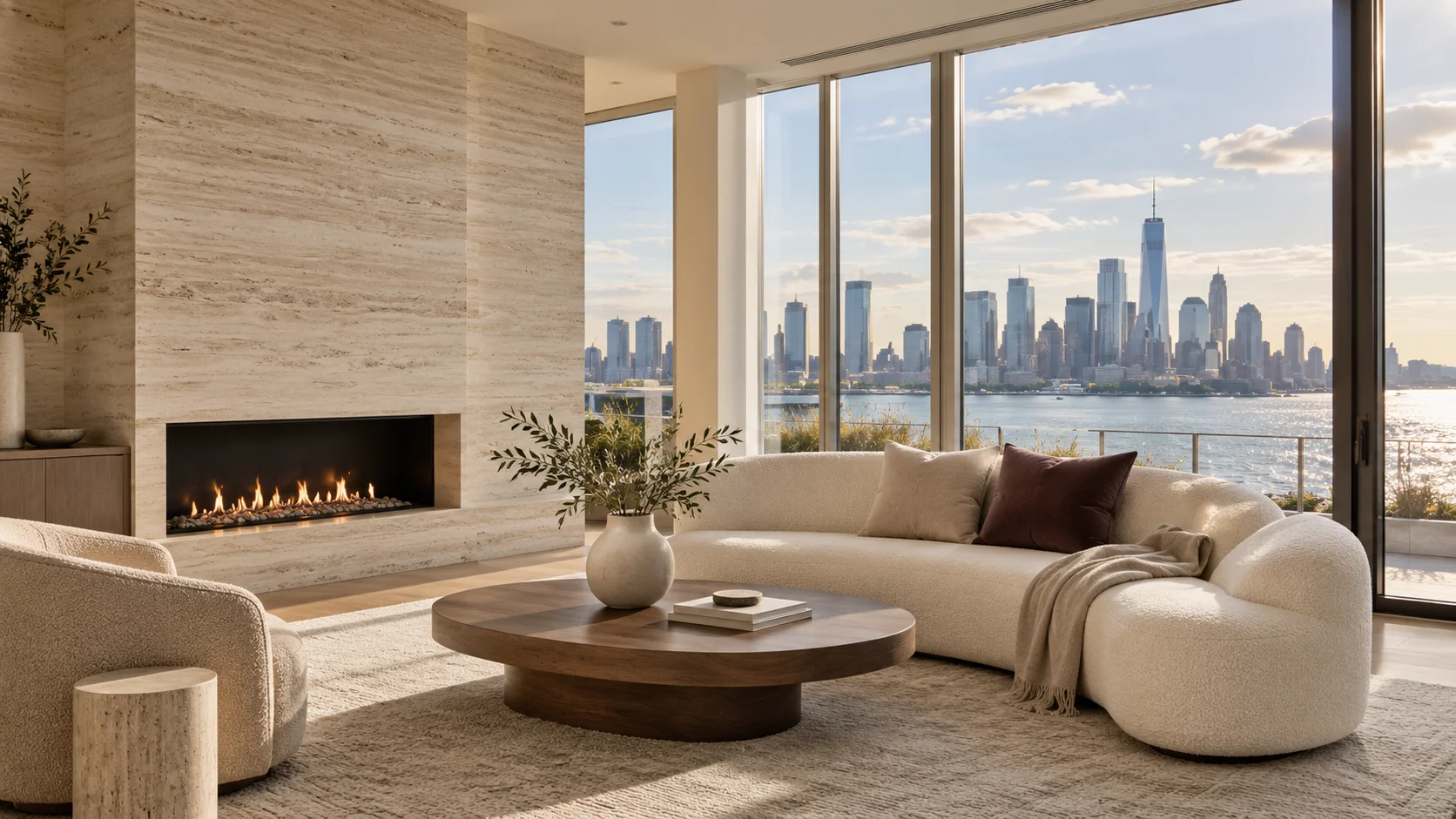 A sunlit living room concept with sculptural ivory seating and river views