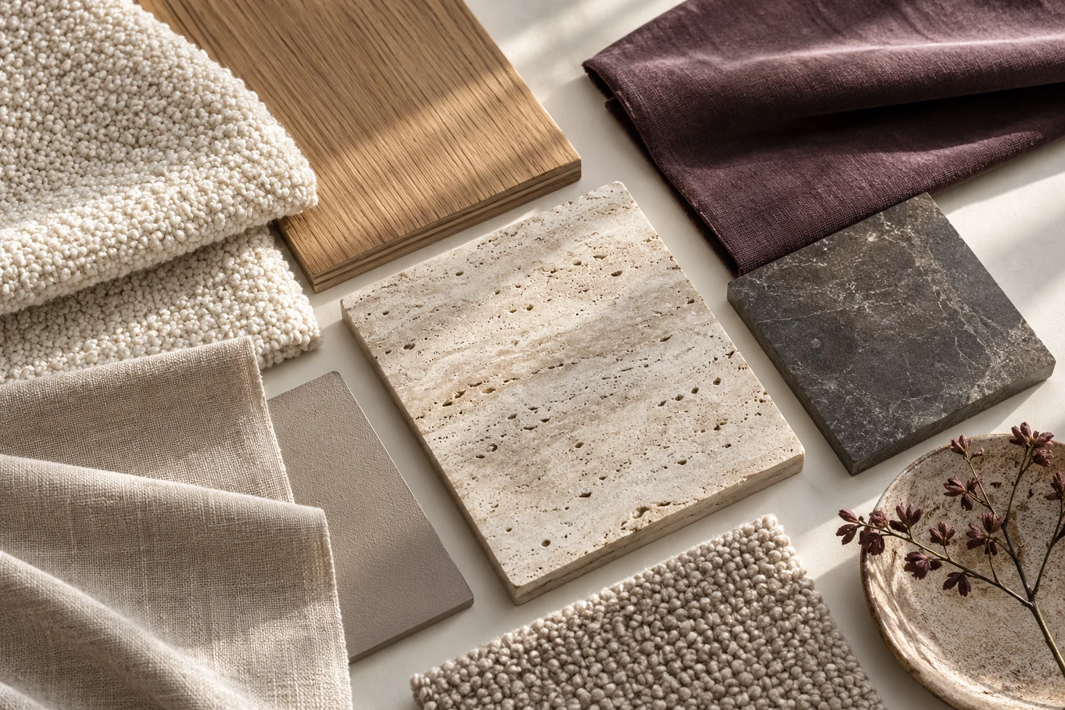 A considered arrangement of linen, warm oak, travertine and plum fabric